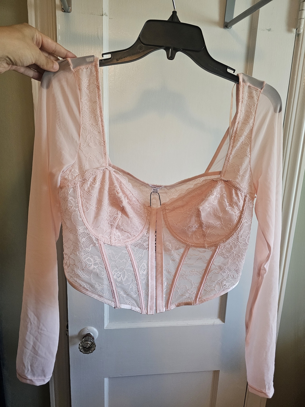 Garage Light Pink Lace Long-Sleeve Bustier Crop Top